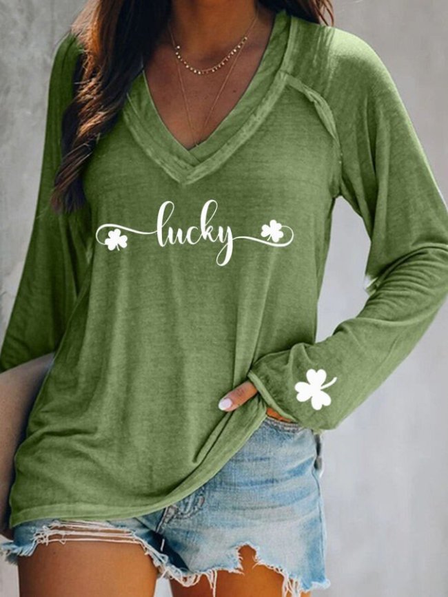 Women's St. Patrick's Day LUCKY Shamrock Print V-Neck T-Shirt