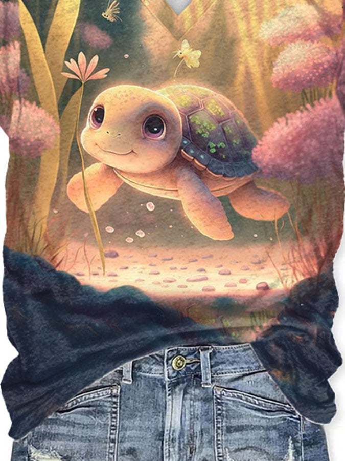 V-neck Vacation Cute Sea Turtle Print T-Shirt