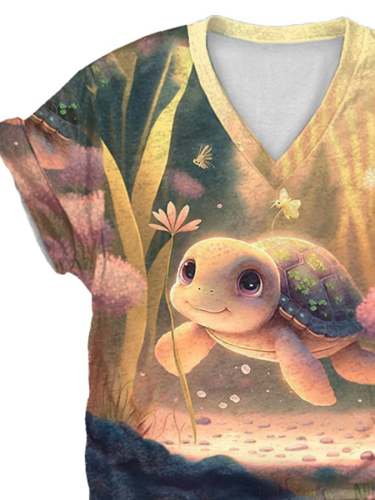 V-neck Vacation Cute Sea Turtle Print T-Shirt