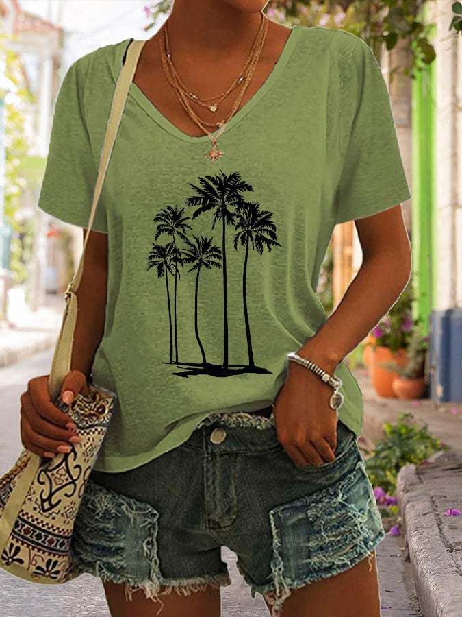 Women's Coconut Tree Printed Short Sleeve T-Shirt