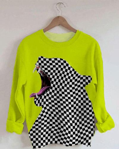 Women's black and white plaid cheetah print round neck long-sleeved sweatshirt