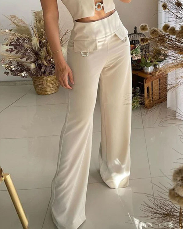 Sexy Sleeveless Wide Leg Pants Two Piece Suit