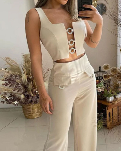 Sexy Sleeveless Wide Leg Pants Two Piece Suit