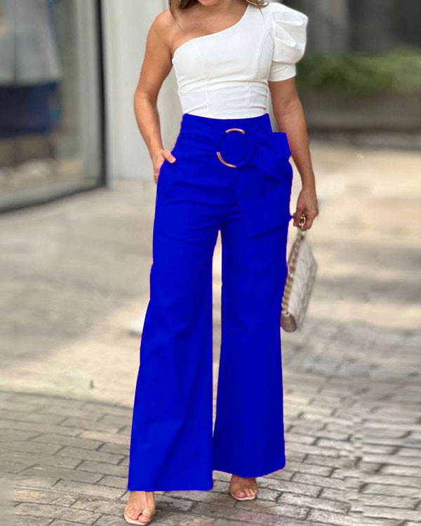 Fashion One-shoulder Puff Sleeve Wide-leg Pants Two-piece Suit