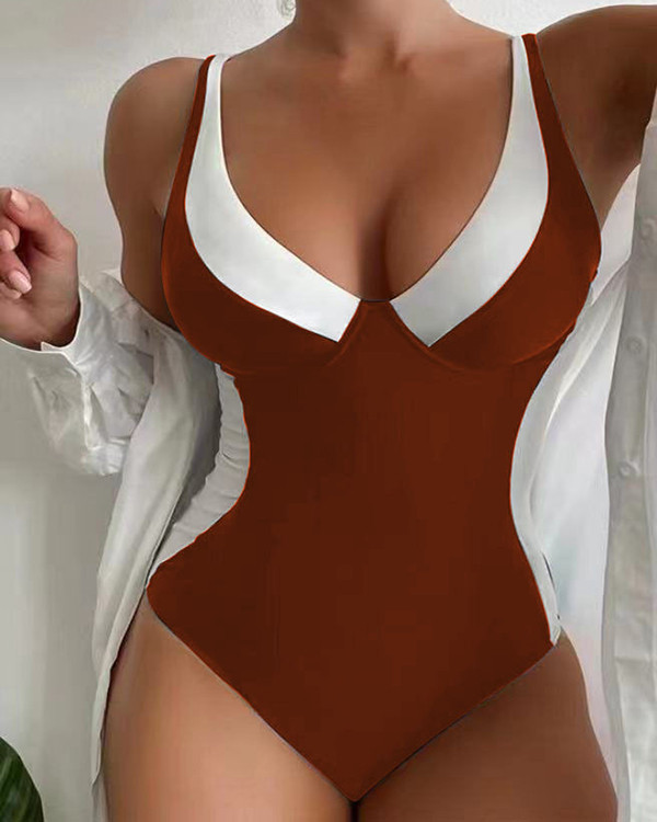 Color-block Suspender One-piece Sexy Swimsuit