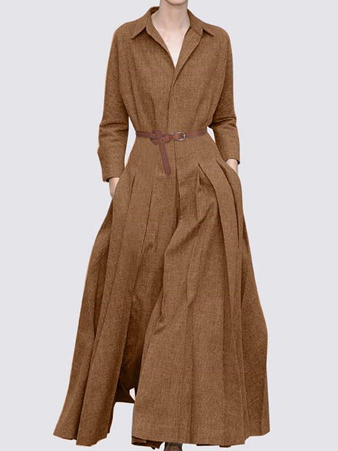 Women's Cotton Linen Long Sleeve Long Shirt Dress