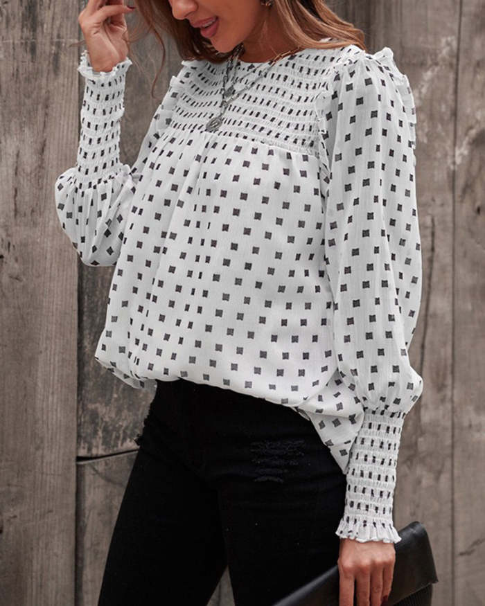 Polka Dot Chiffon Blouse Top Ruffle Lantern Sleeve Shirts Long Sleeve Office Blouse