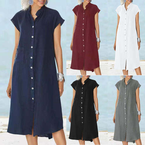 Women’s Button-down Cotton Linen Loose Dress with Pocket(50% OFF)