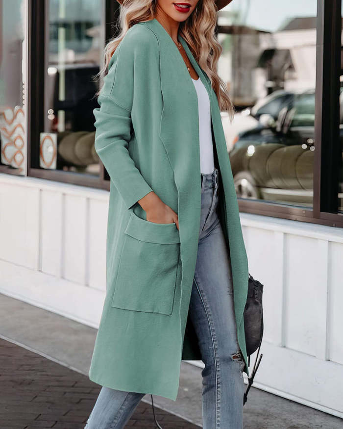 Casual Long Sleeve Draped Open Front Knit Pockets Long Cardigan Jackets Sweater
