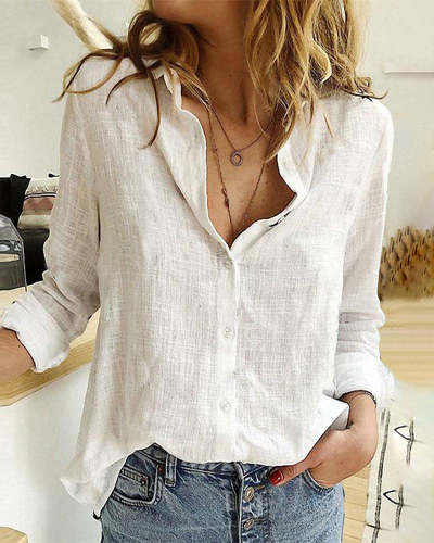 Cotton Linen Shirts Long Sleeve Button Down Lapel Tops Solid Color Loose Comfy Blouses