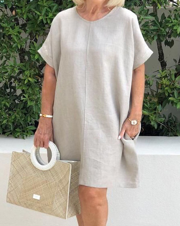 Casual Crew Neck Linen Short Sleeve Dress