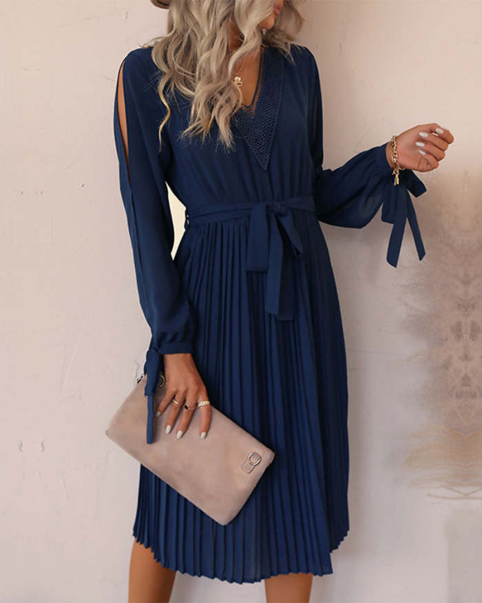 Hollow Long Sleeves Casual Ruffle V Neck Waist Dress with Belt