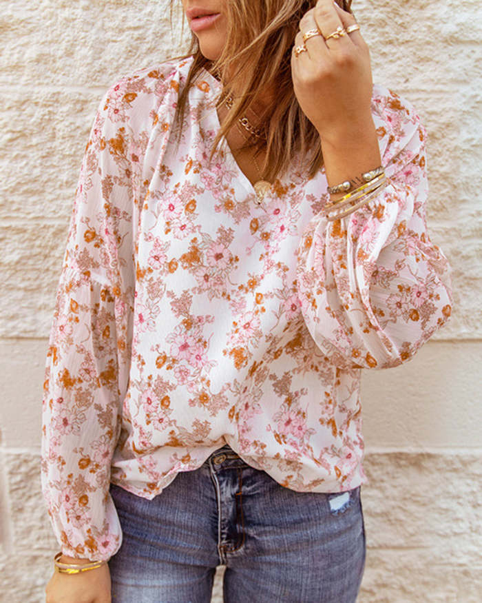 Boho Floral Print V Neck Long Sleeve Loose Blouses Shirts Tops