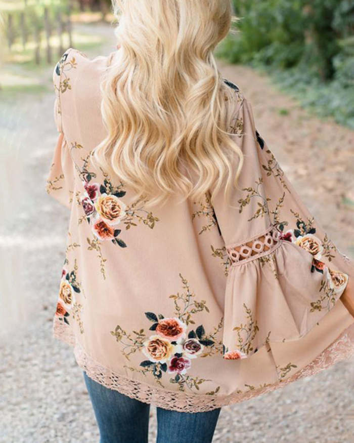 Flare Sleeve Floral Print Lace Blouse Cardigan