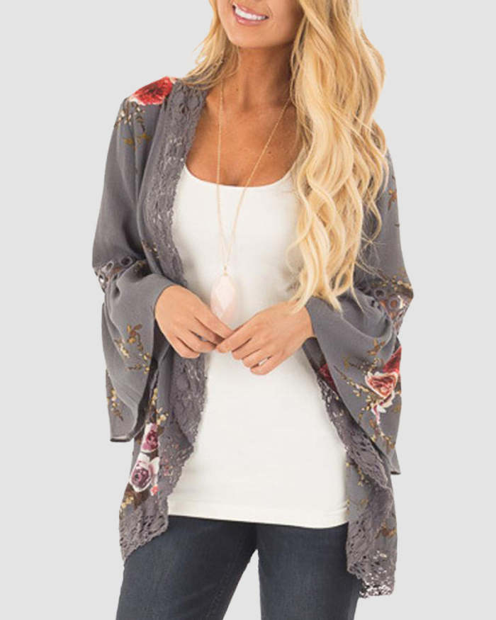 Flare Sleeve Floral Print Lace Blouse Cardigan