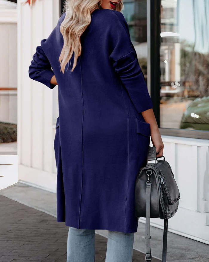 Casual Long Sleeve Draped Open Front Knit Pockets Long Cardigan Jackets Sweater