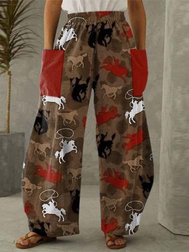 Women's Western Horse Patch Pocket Wide Leg Pants