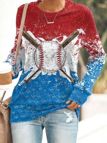 Women's Color Block Baseball Print Long Sleeve Sweatshirt