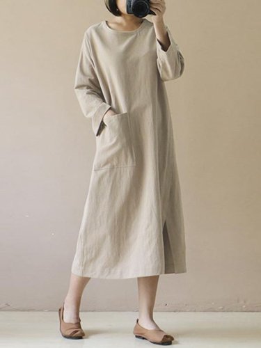 Cotton Linen V-Neck Pocket Dress