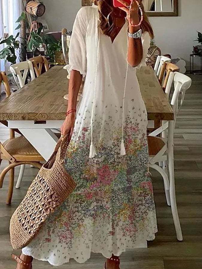 Women'S Long Sleeve Ruffle Print Long Dress