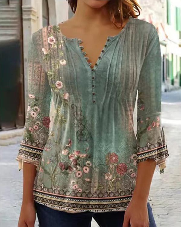 Casual Floral Button Down Sleeve Top