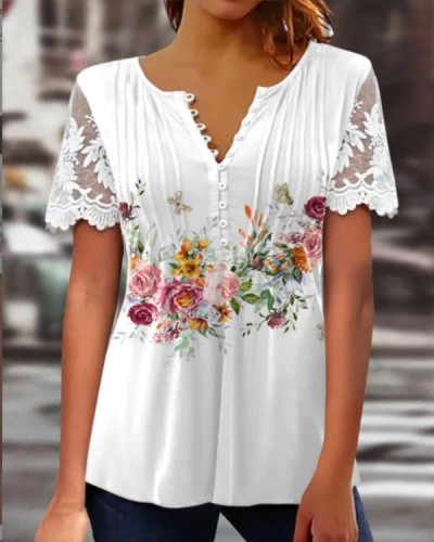 Lace Solid Button Short Sleeve Floral Top