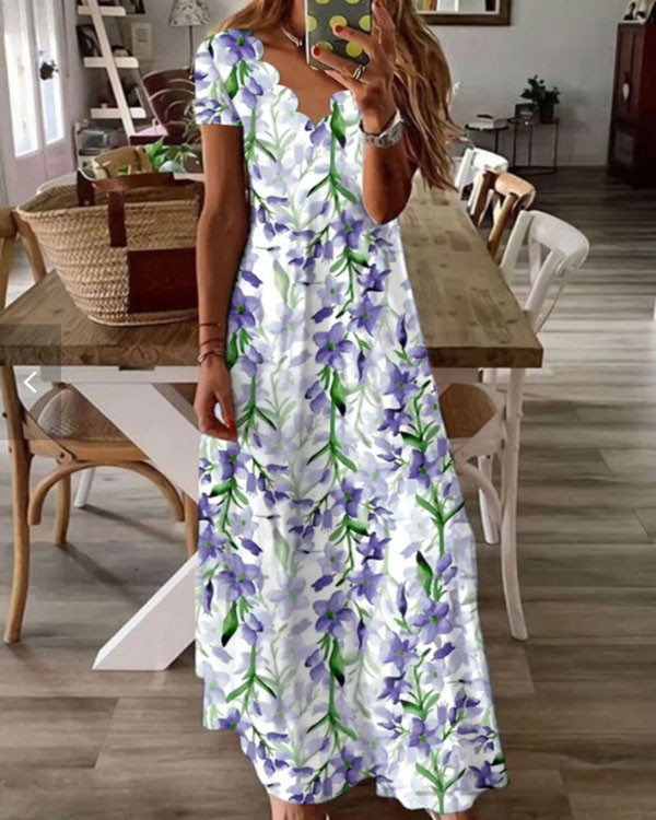 Floral V-neck Printed Short-sleeved Bohemian Dress