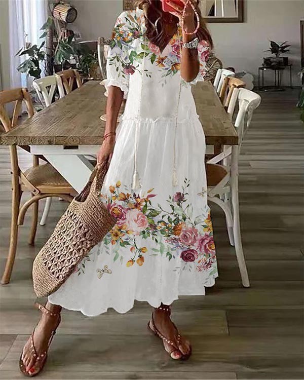 Bohemian V Neck Fringed Short Sleeve Floral Long Dress