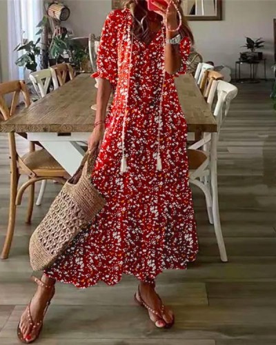 Bohemian V Neck Tassel Short Sleeve Long Dress