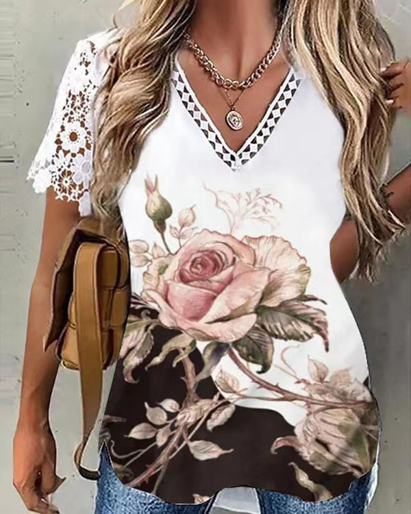 Lace-sleeved Lace-panel Printed V-neck Top