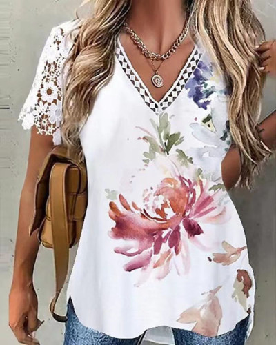 Lace-sleeved Lace-panel Printed V-neck Top