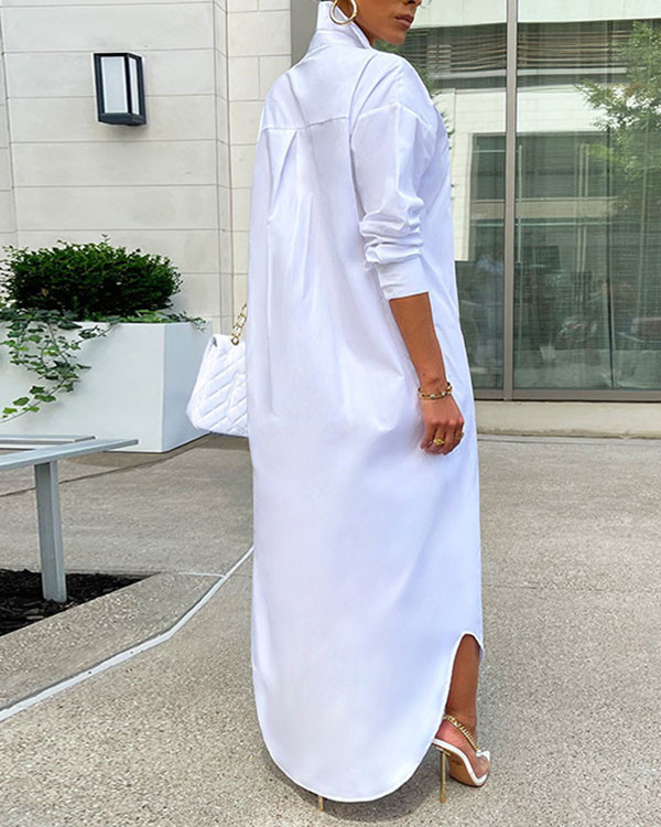 Casual Solid Color Shirt Slit Dress