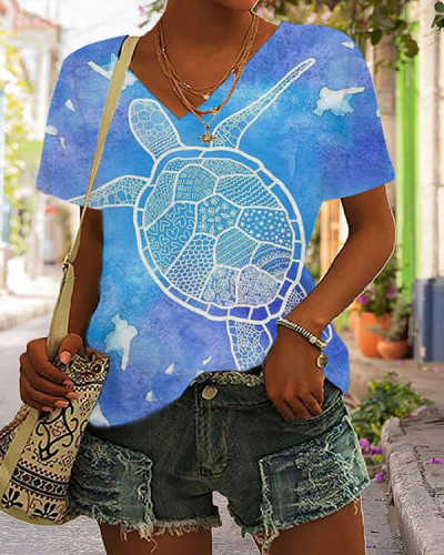 Casual Vacation Sea Turtle V-neck Short-sleeved Top