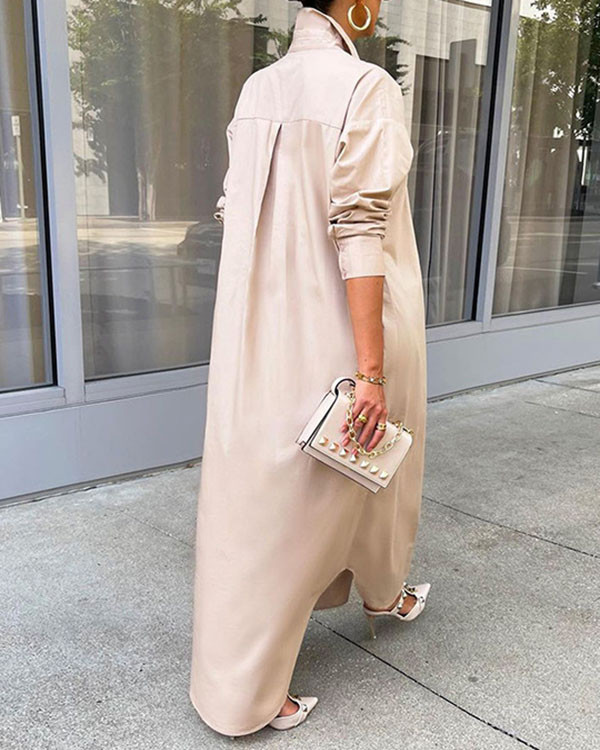 Casual Solid Color Shirt Slit Dress