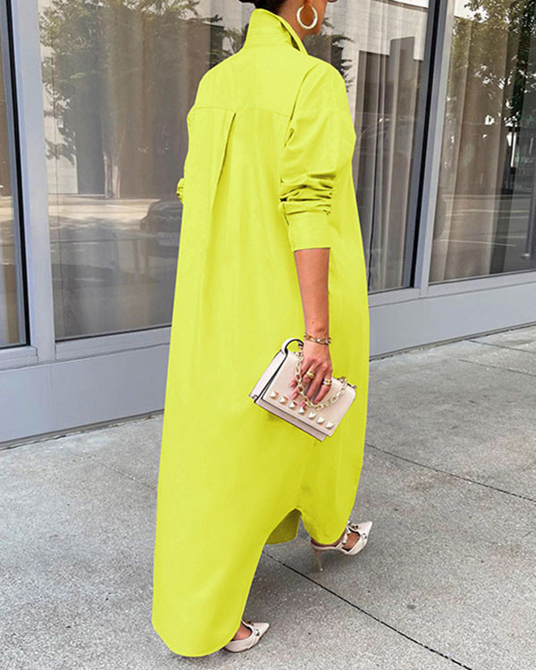 Casual Solid Color Shirt Slit Dress