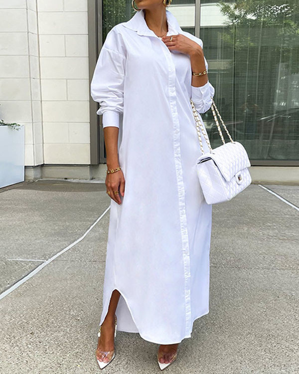 Casual Solid Color Shirt Slit Dress