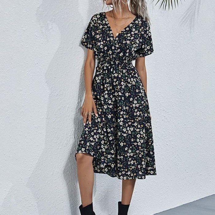 Floral Print Elastic Waist Surplice Front A-line Dress