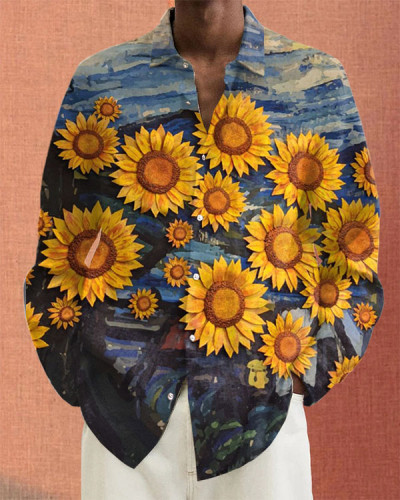 Men's Sunflower Oil Painting Long Sleeve Casual Shirt