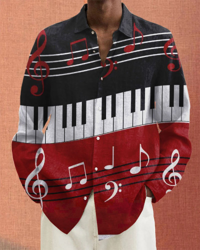 Men's Long Sleeve Piano Keys Music Notes Contrast Casual Shirt