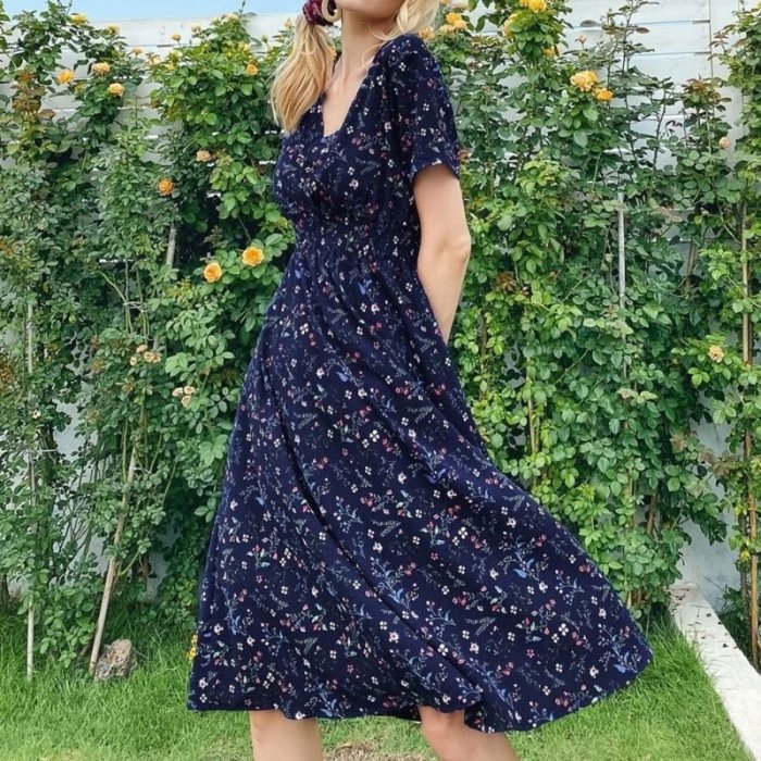 Floral Print Elastic Waist Surplice Front A-line Dress