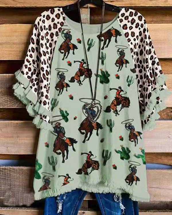 Western Cowgirl V Neck Leopard Stitching Loose Top
