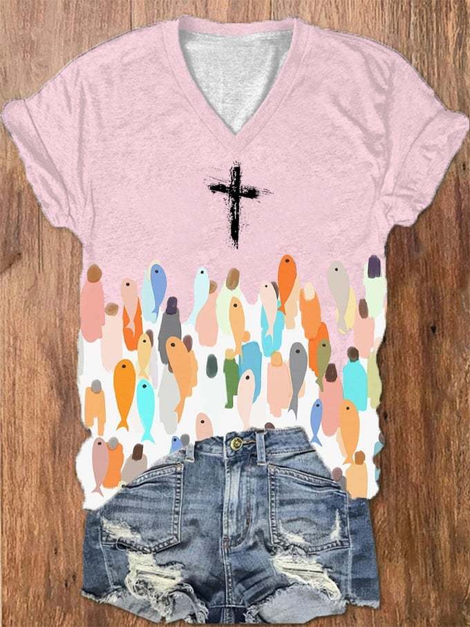 Women's Faith Respect Workship Fish For People Jesus Cross Print V-Neck T-Shirt