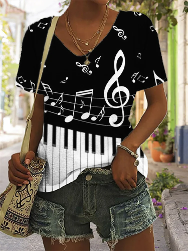 Piano Keys Music Notes Contrast V Neck T Shirt