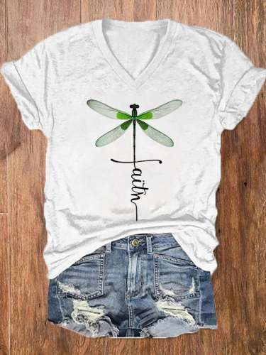 Women's Dragonfly Faith Print V-Neck Tee