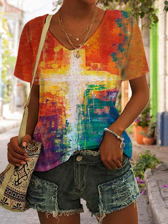 Women's Colorful Cross Print Casual T-Shirt