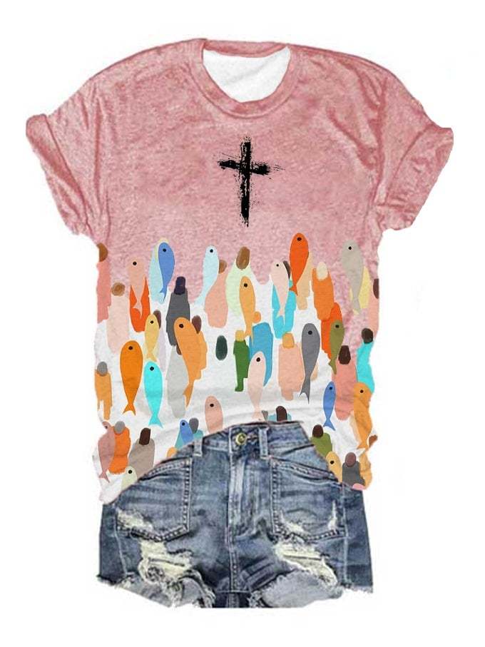 Women's Faith Respect Workship Fish For People Jesus Cross Print T-Shirt