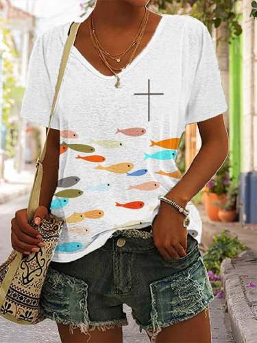 Women's Faith Respect Workship Fish For People Jesus Cross Print V-Neck T-Shirt