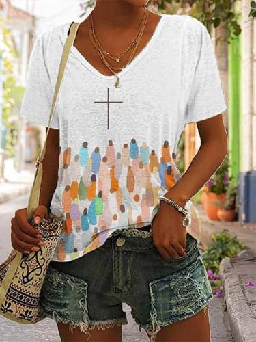Women's Faith Respect Jesus Print V-Neck T-Shirt