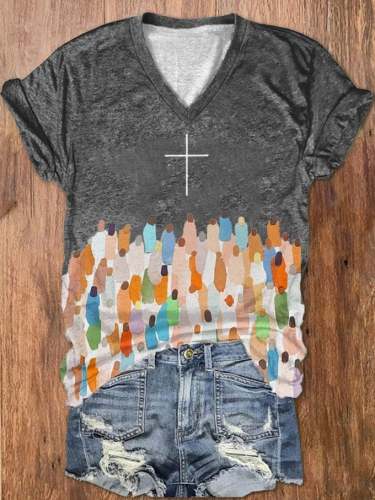 Women's Faith Respect Jesus Cross Print V-Neck T-Shirt
