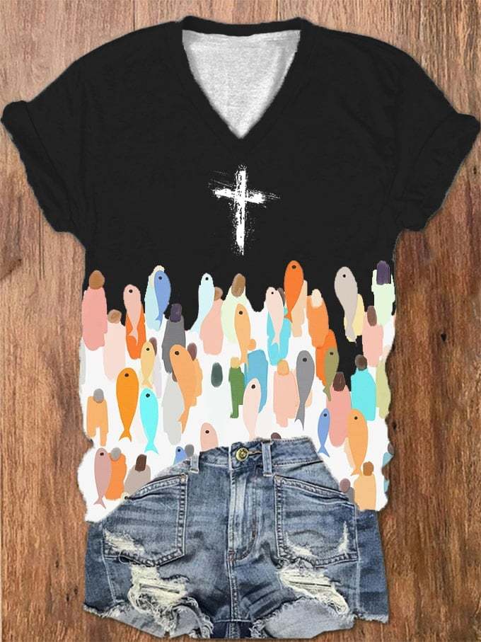Women's Faith Respect Workship Fish For People Jesus Cross Print V-Neck T-Shirt